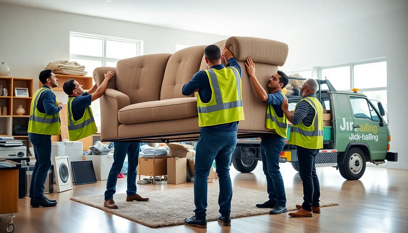 diverse team of junk haulers clearing clutter from a home.